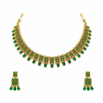 Certified natural freshwater pearls jewellery gold-toned green stone choker necklace & earrings set emerald green stones 2