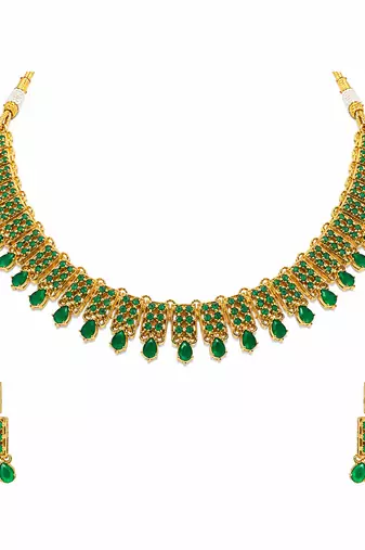Certified natural freshwater pearls jewellery gold-toned green stone choker necklace & earrings set emerald green stones