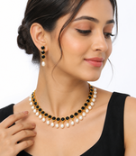 Certified natural freshwater pearls jewellery black stone & pearl choker necklace set earrings, gold-toned pearl drop.