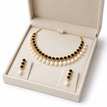 Certified natural freshwater pearls jewellery black stone & pearl choker necklace set earrings, gold-toned pearl drop. 3