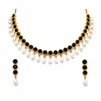 Certified natural freshwater pearls jewellery black stone & pearl choker necklace set earrings, gold-toned pearl drop. 4