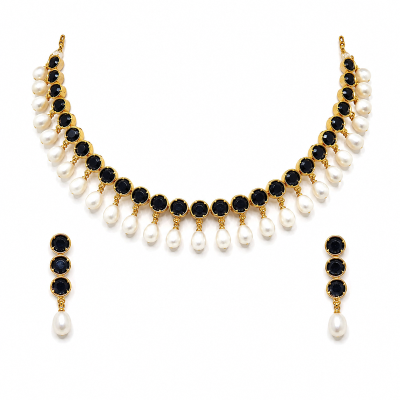 Certified natural freshwater pearls jewellery black stone & pearl choker necklace set earrings, gold-toned pearl drop.