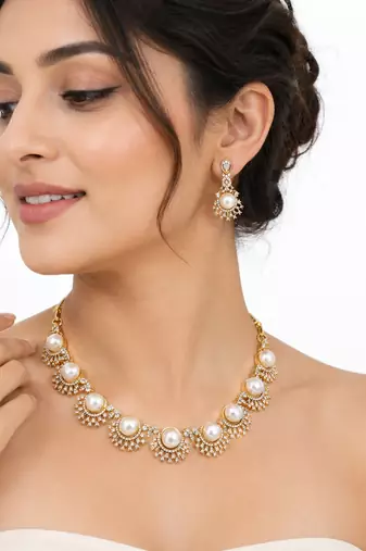 Certified natural freshwater pearls jewellery pearl & cz gold-tone necklace & earrings jewellery set faux pearl accents.