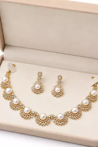 Certified natural freshwater pearls jewellery pearl & cz gold-tone necklace & earrings jewellery set faux pearl accents.