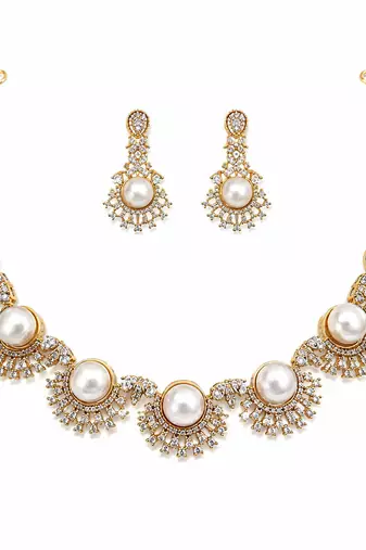 Certified natural freshwater pearls jewellery pearl & cz gold-tone necklace & earrings jewellery set faux pearl accents.