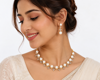 Certified natural freshwater pearls jewellery pearl & cz diamond necklace and earrings jewellery set gold-tone finish. 1