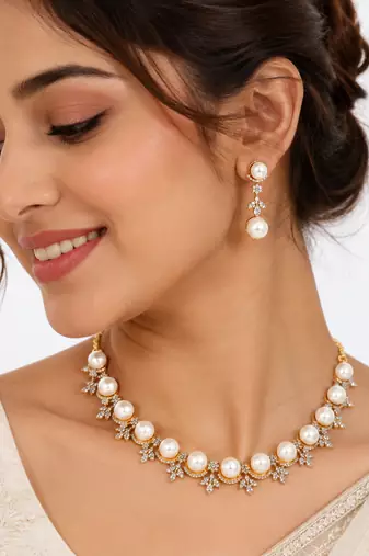 Certified natural freshwater pearls jewellery pearl & cz diamond necklace and earrings jewellery set gold-tone finish.