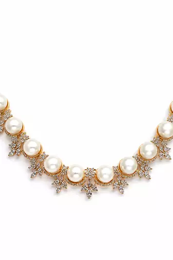 Certified natural freshwater pearls jewellery pearl & cz diamond necklace and earrings jewellery set gold-tone finish.