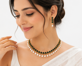 Certified natural freshwater pearls jewellery emerald green crystal & pearl drop choker necklace earring set. 1