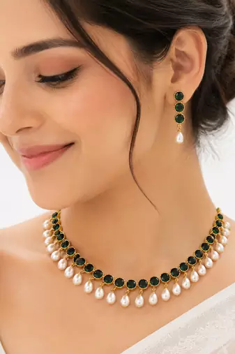 Certified natural freshwater pearls jewellery emerald green crystal & pearl drop choker necklace earring set.
