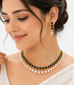 Certified natural freshwater pearls jewellery emerald green crystal & pearl drop choker necklace earring set.