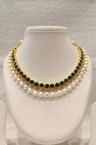 Certified natural freshwater pearls jewellery emerald green crystal & pearl drop choker necklace earring set.