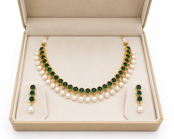 Certified natural freshwater pearls jewellery emerald green crystal & pearl drop choker necklace earring set. 3