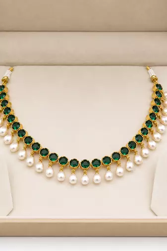 Certified natural freshwater pearls jewellery emerald green crystal & pearl drop choker necklace earring set.