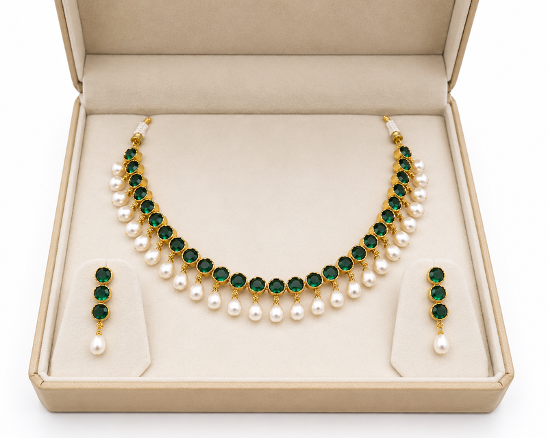 Certified natural freshwater pearls jewellery emerald green crystal & pearl drop choker necklace earring set.