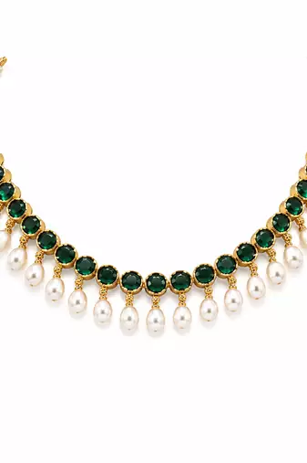 Certified natural freshwater pearls jewellery emerald green crystal & pearl drop choker necklace earring set.