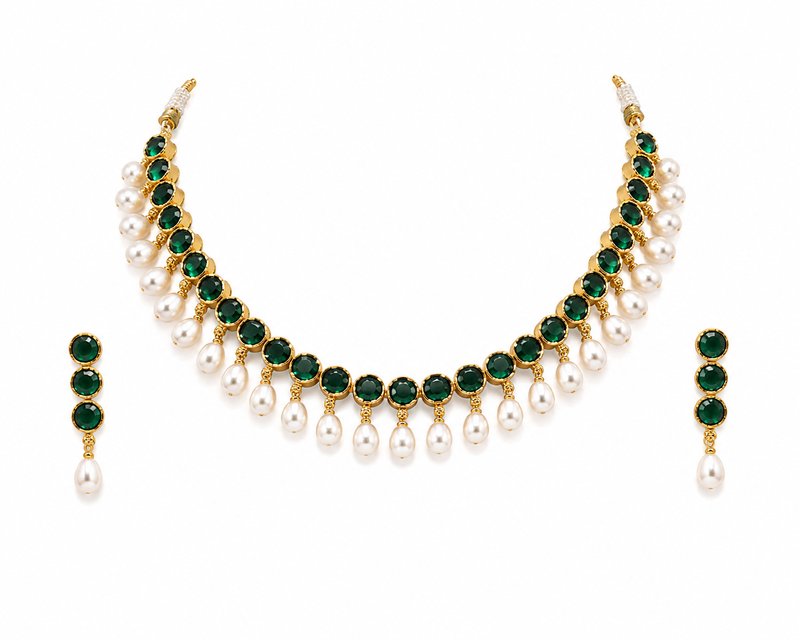 Certified natural freshwater pearls jewellery emerald green crystal & pearl drop choker necklace earring set.