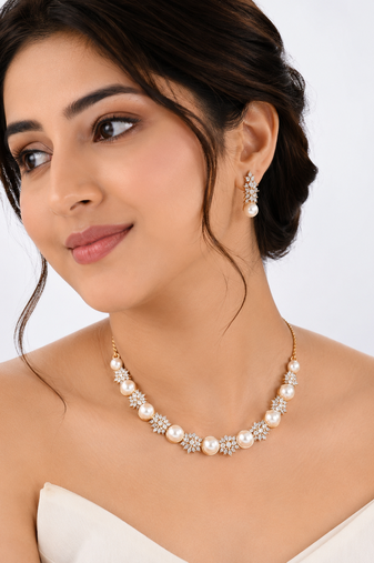 Certified natural freshwater pearls jewellery pearl & cz crystal necklace and earrings jewellery set.
