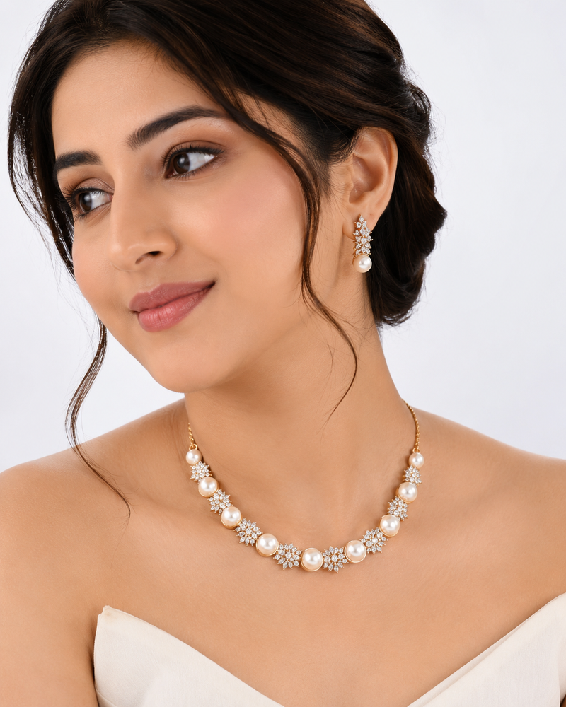 Certified natural freshwater pearls jewellery pearl & cz crystal necklace and earrings jewellery set.