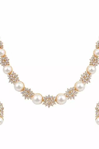 Certified natural freshwater pearls jewellery pearl & cz crystal necklace and earrings jewellery set.