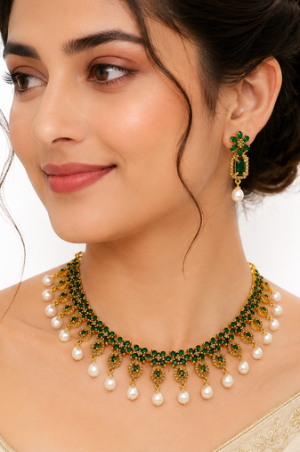 Certified natural freshwater pearls jewellery gold-toned green cz & pearl drop choker necklace & earrings set