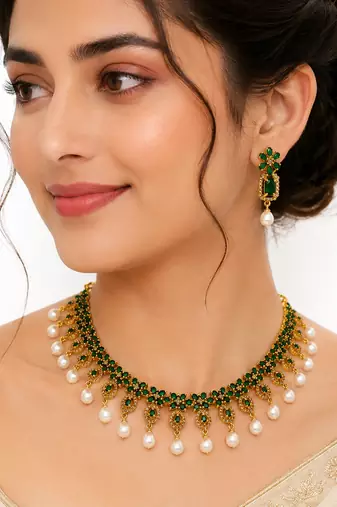 Certified natural freshwater pearls jewellery gold-toned green cz & pearl drop choker necklace & earrings set
