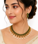 Certified natural freshwater pearls jewellery gold-toned green cz & pearl drop choker necklace & earrings set