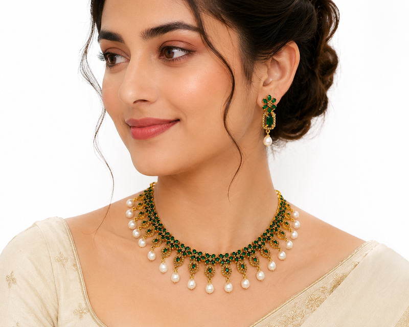 Certified natural freshwater pearls jewellery gold-toned green cz & pearl drop choker necklace & earrings set