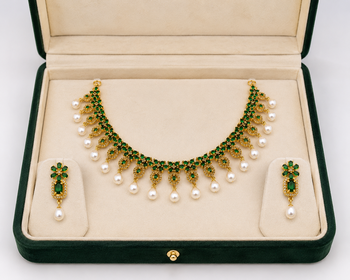 Certified natural freshwater pearls jewellery gold-toned green cz & pearl drop choker necklace & earrings set 3