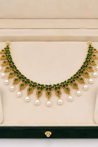 Certified natural freshwater pearls jewellery gold-toned green cz & pearl drop choker necklace & earrings set