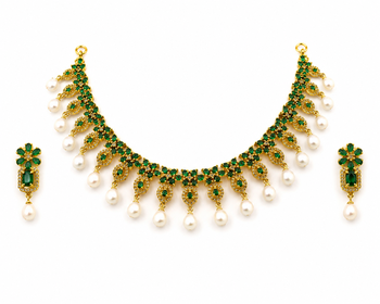 Certified natural freshwater pearls jewellery gold-toned green cz & pearl drop choker necklace & earrings set 4