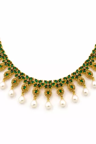 Certified natural freshwater pearls jewellery gold-toned green cz & pearl drop choker necklace & earrings set