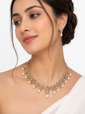 Certified natural freshwater pearls jewellery gold-toned cz & pearl drop necklace and earrings jewellery set. 1
