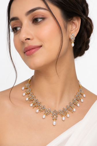 Certified natural freshwater pearls jewellery gold-toned cz & pearl drop necklace and earrings jewellery set.