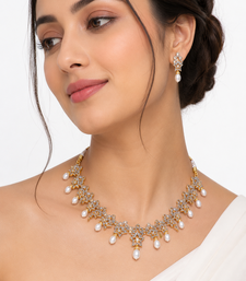 Certified natural freshwater pearls jewellery gold-toned cz & pearl drop necklace and earrings jewellery set.