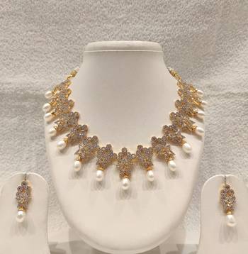 Certified natural freshwater pearls jewellery gold-toned cz & pearl drop necklace and earrings jewellery set. 2