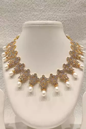 Certified natural freshwater pearls jewellery gold-toned cz & pearl drop necklace and earrings jewellery set.