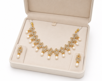Certified natural freshwater pearls jewellery gold-toned cz & pearl drop necklace and earrings jewellery set. 3