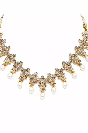 Certified natural freshwater pearls jewellery gold-toned cz & pearl drop necklace and earrings jewellery set.