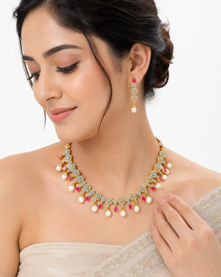 Certified natural freshwater pearls jewellery gold-tone cz pearl & ruby necklace and earrings jewellery set. 1