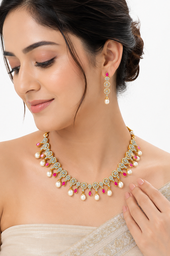 Certified natural freshwater pearls jewellery gold-tone cz pearl & ruby necklace and earrings jewellery set.