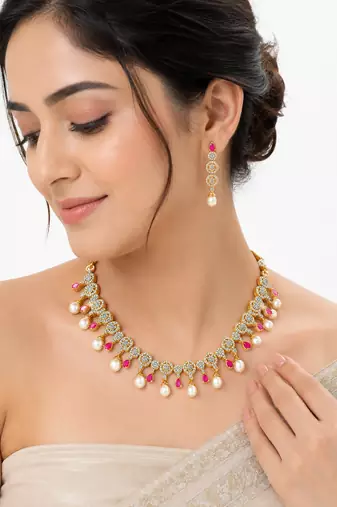 Certified natural freshwater pearls jewellery gold-tone cz pearl & ruby necklace and earrings jewellery set.