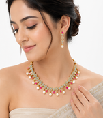 Certified natural freshwater pearls jewellery gold-tone cz pearl & ruby necklace and earrings jewellery set.