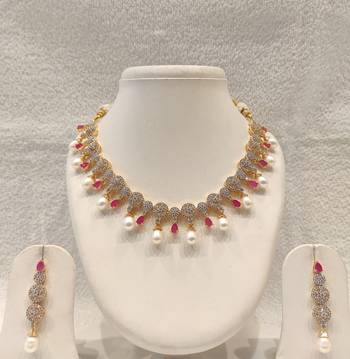 Certified natural freshwater pearls jewellery gold-tone cz pearl & ruby necklace and earrings jewellery set. 2