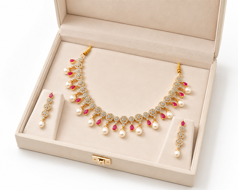 Certified natural freshwater pearls jewellery gold-tone cz pearl & ruby necklace and earrings jewellery set.
