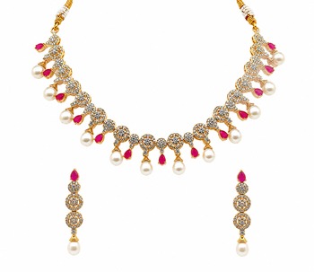 Certified natural freshwater pearls jewellery gold-tone cz pearl & ruby necklace and earrings jewellery set. 4