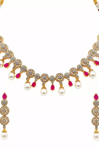 Certified natural freshwater pearls jewellery gold-tone cz pearl & ruby necklace and earrings jewellery set.