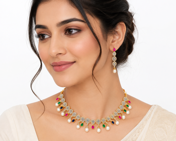 Certified natural freshwater pearls jewellery gold-toned cz necklace and earrings set with pearl drops. 1