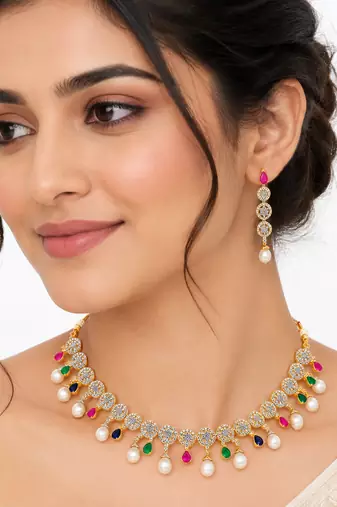 Certified natural freshwater pearls jewellery gold-toned cz necklace and earrings set with pearl drops.