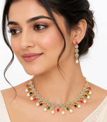 Certified natural freshwater pearls jewellery gold-toned cz necklace and earrings set with pearl drops.